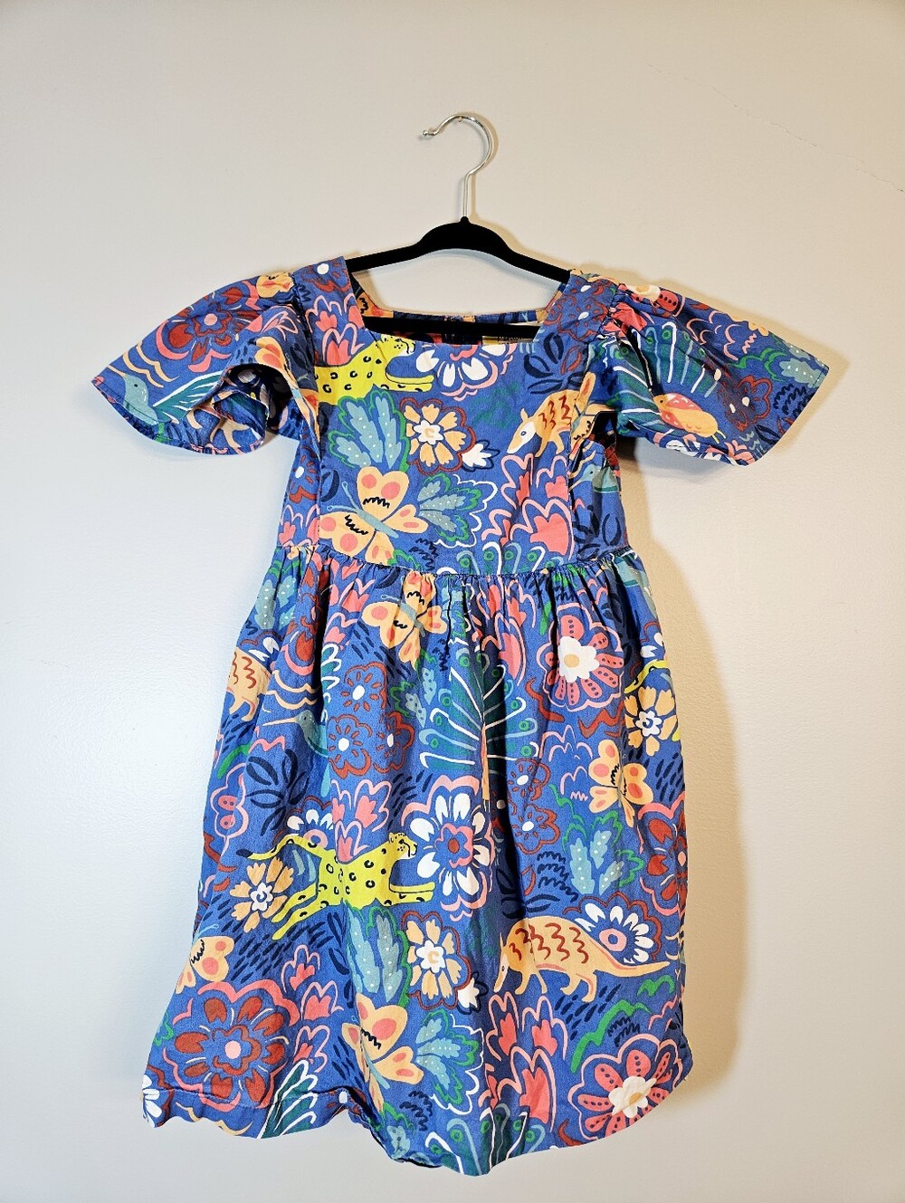 Mini Boden Jungle Print Dress Size 7-8 Blue Short Sleeve Cheetah Floral Birds